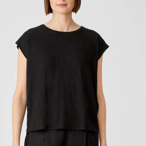 EILEEN FISHER Organic Cotton Crewneck Box Top Black Tee Size XL Cap Sleeve